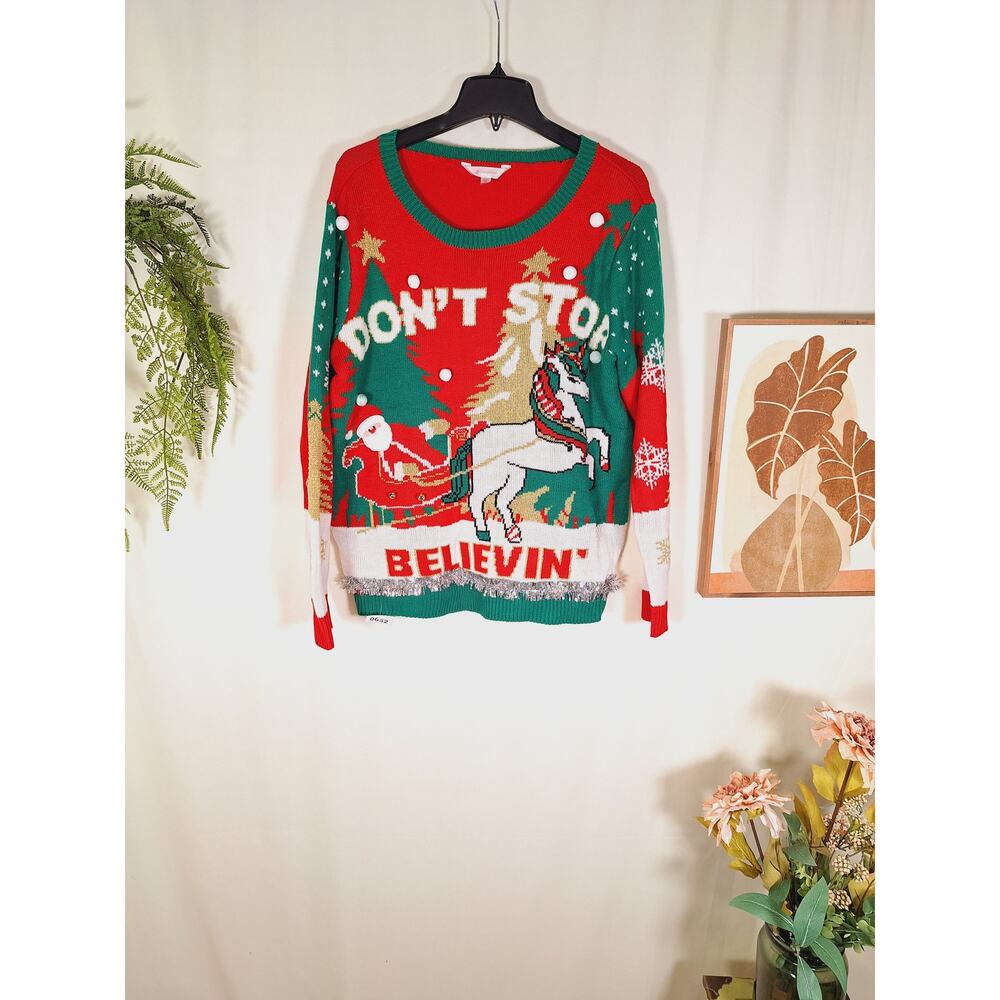 No Boundaries Women's Christmas Sweater With Bells Don't Stop Believin